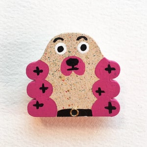 Folky Graphic Pink Spaniel Dog Pin | Hand Painted Wood Dog Pin by Alabaster Pizzo | Pink Raspberry