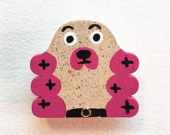 Folky Graphic Pink Spaniel Dog Pin | Hand Painted Wood Dog Pin by Alabaster Pizzo | Pink Raspberry
