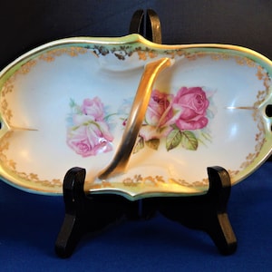 Antique Porcelain Basket – Pale Green Lustre, Pink Roses & Gold Accents – Made in Germany
