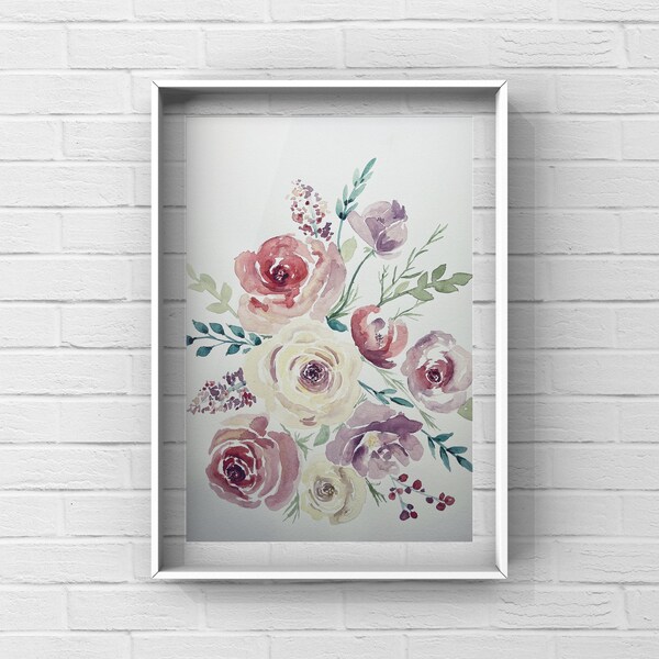 Rose Bouquet - 11x14 - Carnation - Rose - Flower - Floral - Watercolor - Wall Art