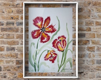 Fringe Tulip Painting 9x12 - Botanical Art - Floral Watercolor Painting - Original Art - Colorful Decor