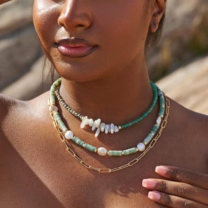 Layered Gemstone Necklace: Jade, Aventurine, Pearl, Gold Chain