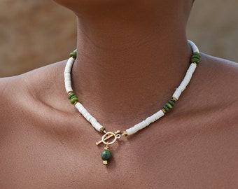 Olive Jade Front Clasp Gemstone Necklace / Short Beaded Colorblock Necklace / Gold Plated Toggle Boho Necklace / Bohemian / White / Unique