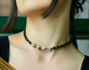 Black Beaded Dalmatian Jasper Choker Necklace / Heishi Beaded Choker / Black Gray Statement Choker / Layering Necklace / Bohemian Necklace