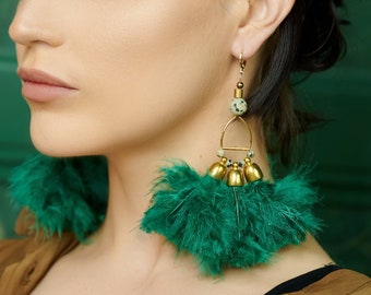 Emerald Green Feather Statement Earrings / Big Feather Dangle Earrings / Gemstone Drop Earrings / Large Art Deco Statement Earrings / Brass