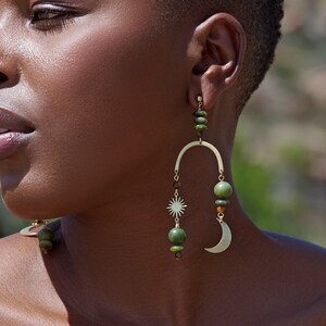 Olive Jade Celestial Arch Statement Earrings / Beaded Moon and Stars Earrings / Large Boho Geometric Earrings / Tigers Eye / Chandelier image 3