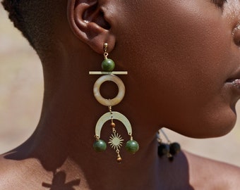 Large Geometric Bohemian Celestial Earth Tones Statement Dangle Earrings / Olive Jade / Unique Artisan Boho Jewelry / Gemstone Earrings