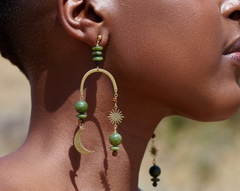 Olive Jade Celestial Arch Statement Earrings / Beaded Moon and Stars Earrings / Large Boho Geometric Earrings / Tigers Eye / Chandelier