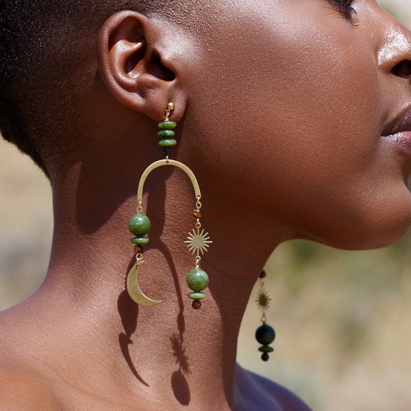 Olive Jade Celestial Arch Statement Earrings / Beaded Moon and Stars Earrings / Large Boho Geometric Earrings / Tigers Eye / Chandelier