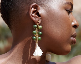 Large Geometric Wire Wrapped Olive Jade Beige Tassel Earrings / Unique Beaded Handmade Bohemian Earrings / Earth Tones Earrings / Tigers Eye