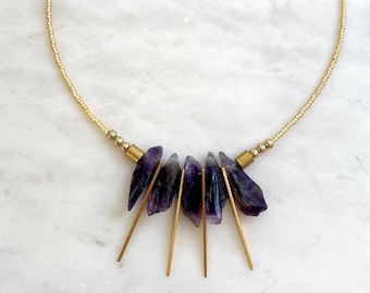 Amethyst Spike Beaded Collar Necklace / Short Edgy Gemstone Necklace / Birthstone Jewelry Gift for Her / Boho Statement Necklace / Bohemian