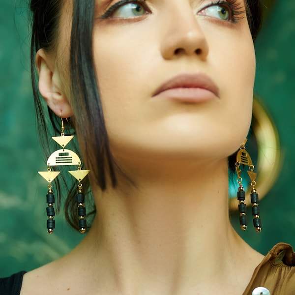 Black Geometric Statement Earrings / Large Brass Triangle Chandelier Earrings / Black Art Deco Statement Earrings / Unique Large Earrings