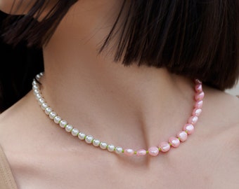 Halb Rosa Perlen Perlenhalskette / Halb Süßwasserperle Halb Perlenhalskette / Hell Rosa Limettengrüne Kurze Halskette / Buntes Statement