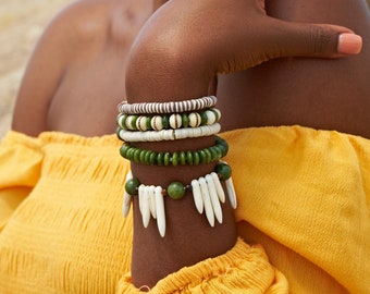 Pulseira de jade-oliva: olho de tigre, howlita e boho chique