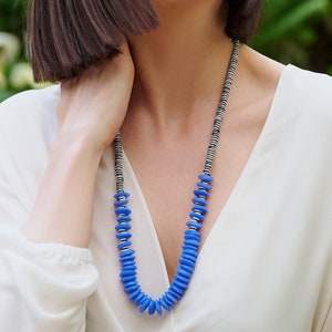Long Blue Ashanti Glass Necklace: Bohemian Beaded Statement Jewelry