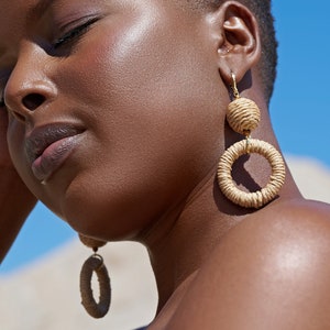 Natural Brown Hemp Hoop Dangle Earrings / Neutral Brown Boho Hoop Earrings / Earth Tones Statement Earrings / Tigers Eye Earrings / Bohemian image 1