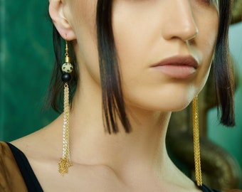 Long Shoulder Duster Gold Chain Tassel Earrings / Gemstone Gold Tassel Earrings / Long Statement Earrings Gold / Black and Gold Tassels