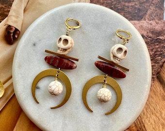 Gothic Red Jasper Statement Earrings / Skull Dangle Earrings / Crescent Moon Earrings / Boho Statement Jewelry / Red Jasper Earrings / Gift