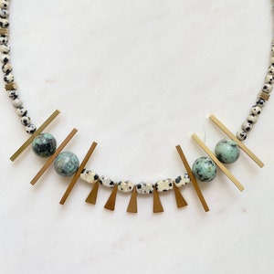 Dalmatian Jasper Gemstone Beaded Necklace / Turquoise Jasper Bohemian Spiked Collar Necklace / Unique Boho Statement Necklace / Short Beaded