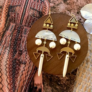 Pendientes largos de piedras preciosas geométricas boho / pendientes boho únicos grandes / pendientes de declaración boho grandes / pendientes de araña geométricos imagen 2