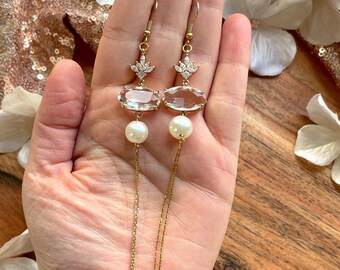 Gold Pearl Dangle Bridal Earrings: Floral Rhinestone Wedding Jewelry