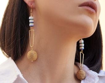 Tropical Summer Statement Earrings / Rattan Beaded Colorful Geometric Earrings / Cobalt Blue / White / Gold / Lime Green / Rattan Earrings