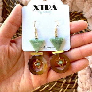 Geometric Gemstone Dangle Earrings / Green Jade Stone Statement Earrings / Unique Dangle Earrings / Beaded Drop Earrings / Boho Earring Gift