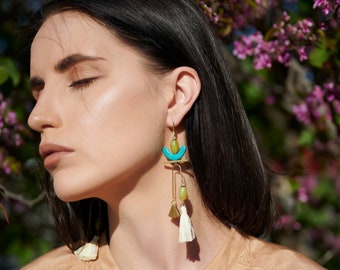Colorful Avant Garde Mobile Tassel Earrings / Long Unique Geometric Earrings / Statement Earrings / Blue Green Earrings / Beaded Dangle