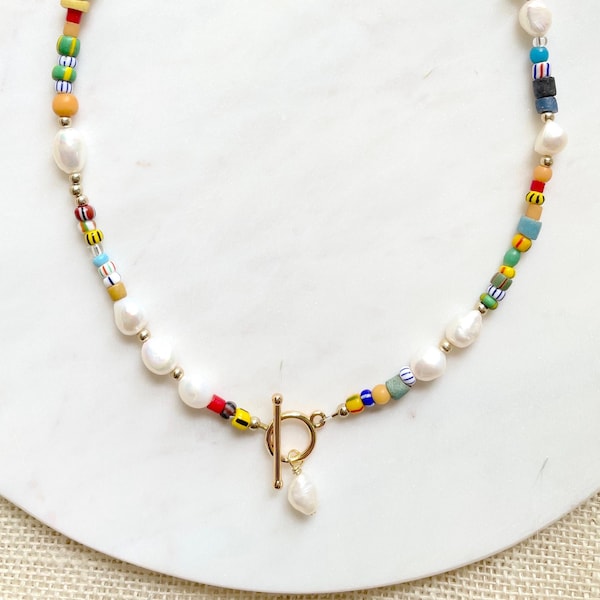 Colorful Freshwater Pearl Necklace: African Trade Beads, Gold Clasp