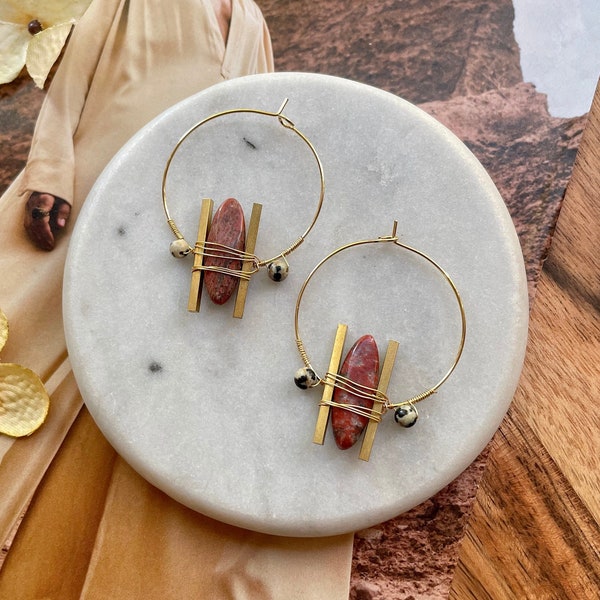 Gold Wire Wrapped Red Jasper Geometric Hoop Earrings / Dalmatian Jasper Gemstone Hoop Earrings / Boho Stone Hoop Earrings / Bohemian Jewelry