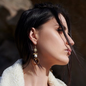 Bohemian Beaded Dangle Earrings / Neutral Beaded Celestial Statement Earrings / Amber Mother of Pearl Earrings / Star Statement Earrings