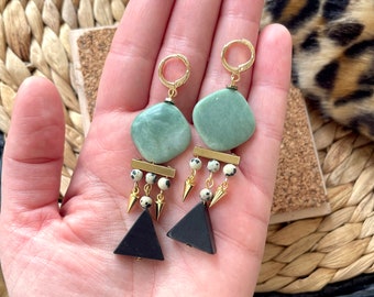 Edgy Geometric Statement Earrings / Gold Spike Earrings / Dalmation Jasper Earrings / Bohemian Gemstone Bead Earrings / Chunky Earrings