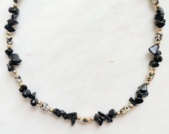 Black Onyx & Jasper Gemstone Beaded Choker / Black Gemstone Short Necklace / Bohemian Jewelry Gift for Her / Boho Statement Necklace