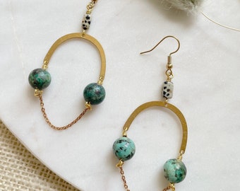 Turquoise Beaded Arch Earrings / Brass Arch Earrings / Fall Statement Earrings / Boho Jewelry/ Bohemian Arch Earrings / Chain Earrings