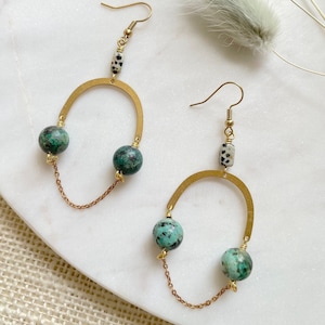 Turquoise Beaded Arch Earrings / Brass Arch Earrings / Fall Statement Earrings / Boho Jewelry/ Bohemian Arch Earrings / Chain Earrings