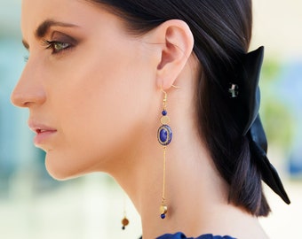 Long Elegant Vintage Earrings / Royal Blue Shoulder Duster Earrings / Art Nouveau Long Dangle Earrings / Unique Antique Statement Earrings