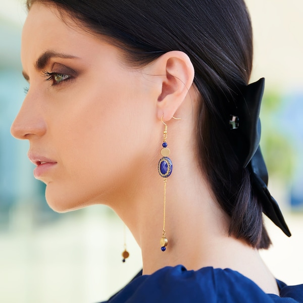 Long Elegant Vintage Earrings / Royal Blue Shoulder Duster Earrings / Art Nouveau Long Dangle Earrings / Unique Antique Statement Earrings