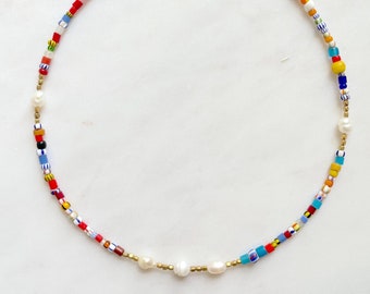 Dainty Colorful Freshwater Pearl Choker Necklace / Short Multicolor Seed Bead Necklace / One of a Kind Necklace / Summer Pearl Choker