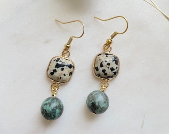 Small Beaded Gemstone Drop Earrings / Turquoise Dalmatian Jasper Dangle Earrings / Jewelry Gift for Her Under 20 / Boho Earrings / Bohemian