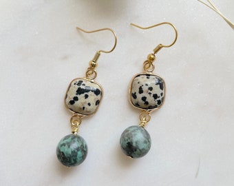 Boho Gemstone Drop Earrings: Turquoise & Dalmatian Jasper Dangles