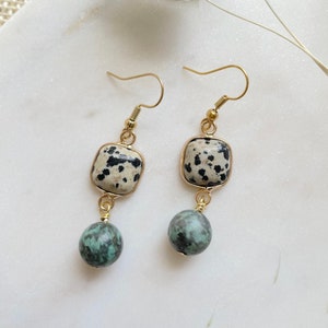 Small Beaded Gemstone Drop Earrings / Turquoise Dalmatian Jasper Dangle Earrings / Jewelry Gift for Her Under 20 / Boho Earrings / Bohemian