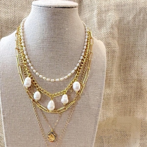 Gold Multi-Strand Pearl Necklace: Art Pendants, Freshwater Pearls