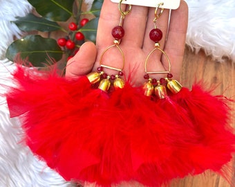 Large Red Feather Statement Earrings / Big Feather Dangle Earrings / Fancy Colorful Earrings / Christmas Earrings / Art Deco / Bold / Drop