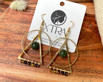 Tiger's Eye Triangle Dangle Earrings / Large Wire Wrapped Statement Earrings / Gold Geometric Dangle Earrings / Bohemian / Olive Jade / Boho