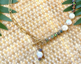 Rainbow Jasper & Pearl Toggle Necklace: 18k Gold Plated Chain
