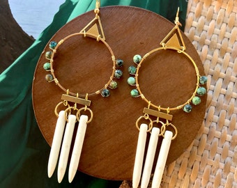 Large Turquoise Beaded Hoop Earrings / Big Turquoise Statement Earrings / Southwest Hoop Earrings / African Turquoise / Geometric Earrings