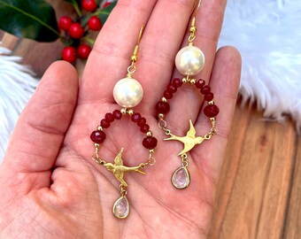 Brass Bird Dangle Earrings / Ruby Red Dyed Jade / Christmas Dove Earrings / Holiday Statement Earrings / Christmas Jewelry