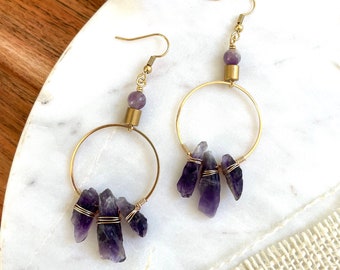 Wire Wrapped Raw Amethyst Hoop Earrings / Large Gemstone Spike Hoops / Bohemian Dangle Earrings / February Birthstone Statement Earrings