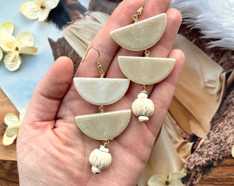 Half Moon Boho Statement Earrings / Semicircle Geometric Beaded Earrings / Large Bohemian Dangle Earrings / Neutral White Drop Earrings