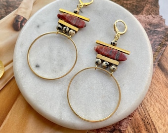 Gold Plated Jasper Hoop Earrings: Bohemian Dangle Earrings